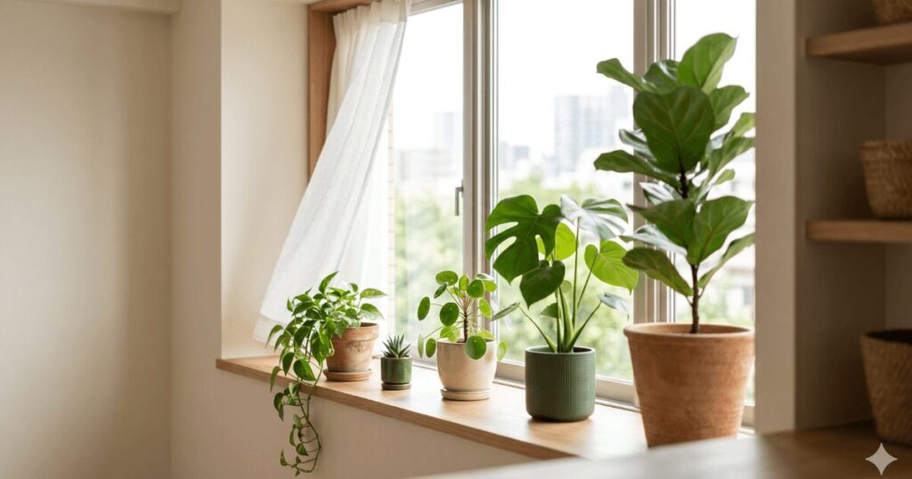 窓辺に観葉植物を並べた部屋のイメージ