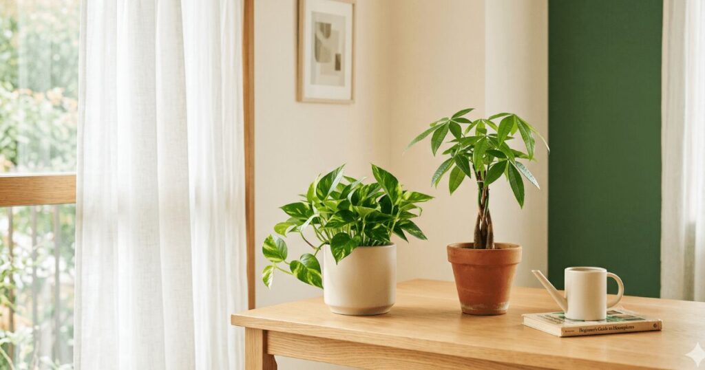 机に並べた観葉植物のイメージ