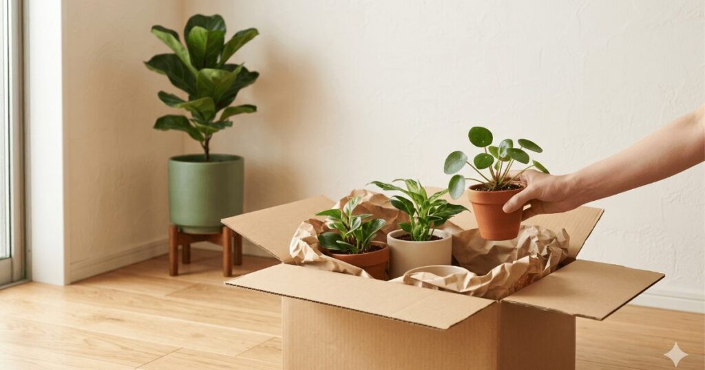 箱から取り出す観葉植物のイメージ