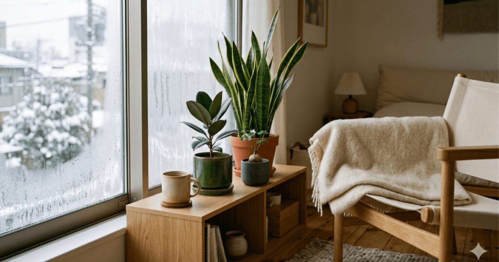 冬の室内に置いた観葉植物のイメージ