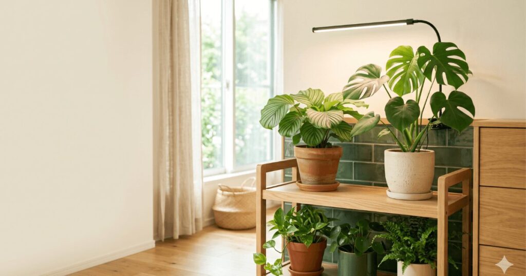 育成ライトの下の観葉植物のイメージ