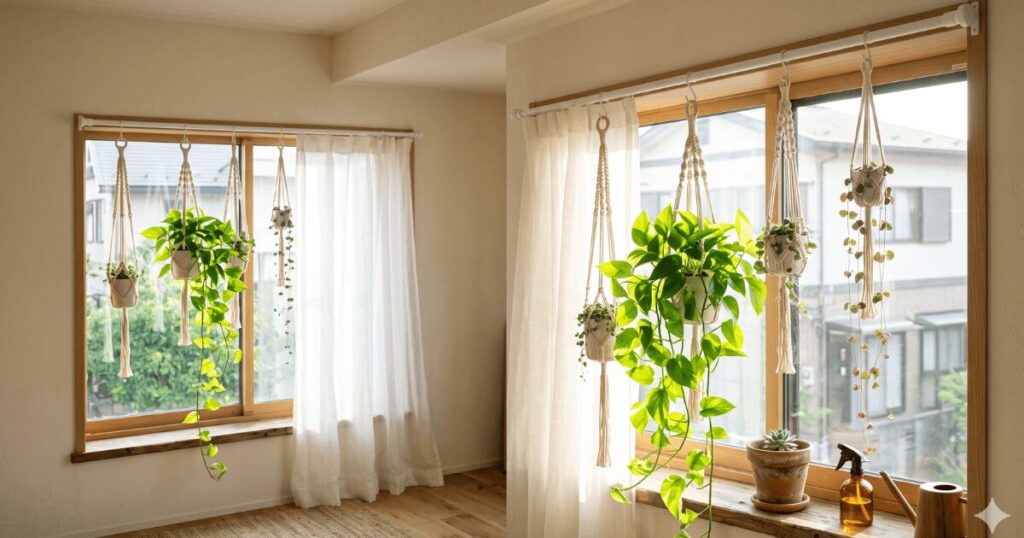 窓辺に吊るした観葉植物のイメージ