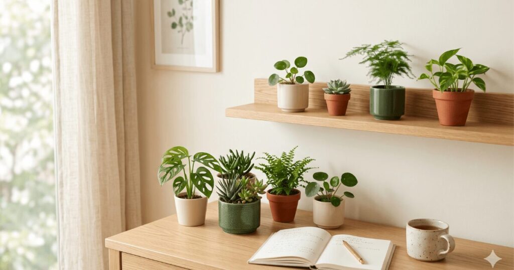 棚に並べた小さな観葉植物のイメージ