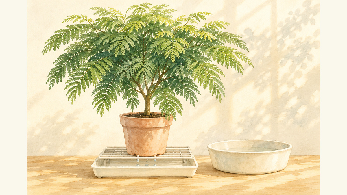 小葉の広がる鉢植えを給水後に水切りする水彩イメージ