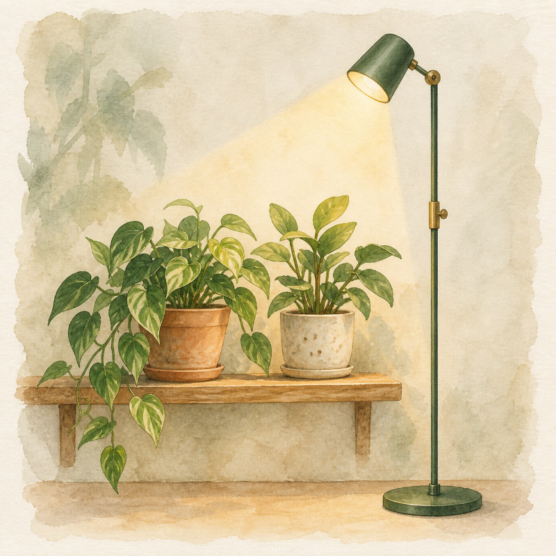 鉢植えにライトを当てる場面を描いた水彩イラスト