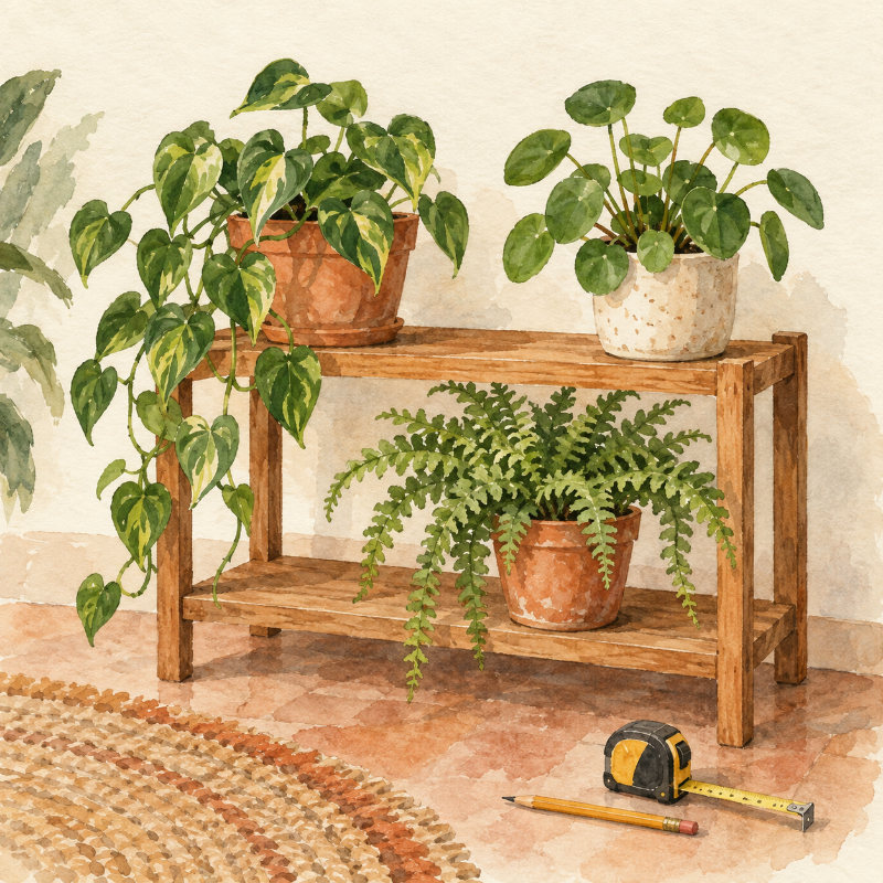 二段の植物棚と鉢植え・メジャーを描いた水彩イラスト