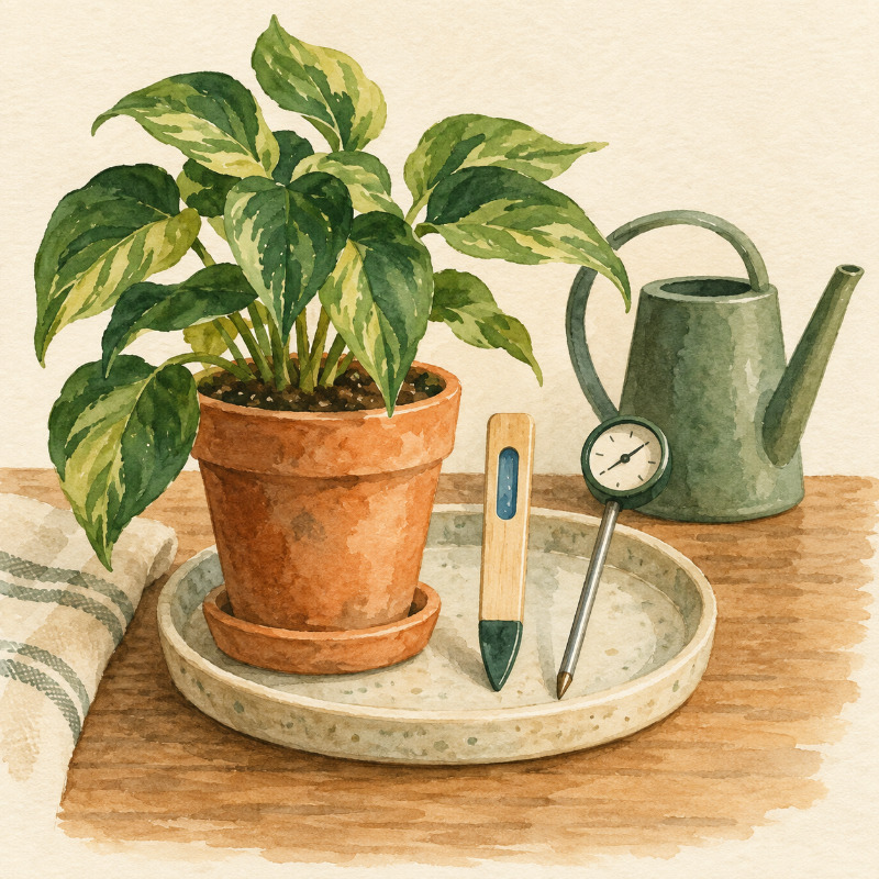 鉢植えと水分を確認する道具を描いた水彩イラスト（特定製品の実物ではありません）