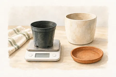 給水前に鉢の重さと残水を確認する道具の水彩