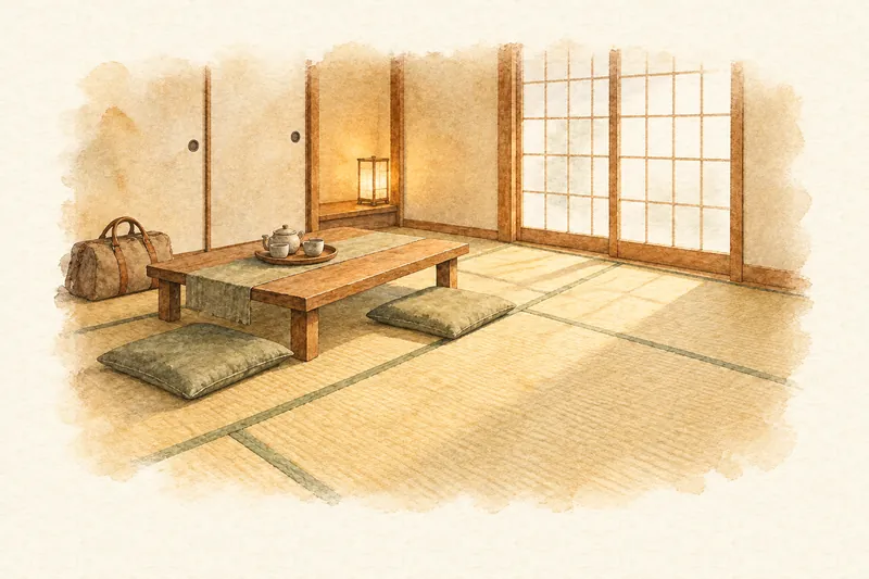 客間の座卓と荷物の余白の水彩