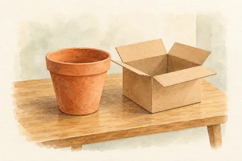 通販の箱と空鉢で、届く大きさを確かめる準備の水彩